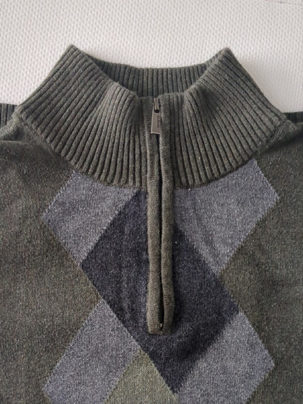Alfani Olive Argyle Zip-Up Sweater with Gray and Black Diamonds - Picture 3 of 3